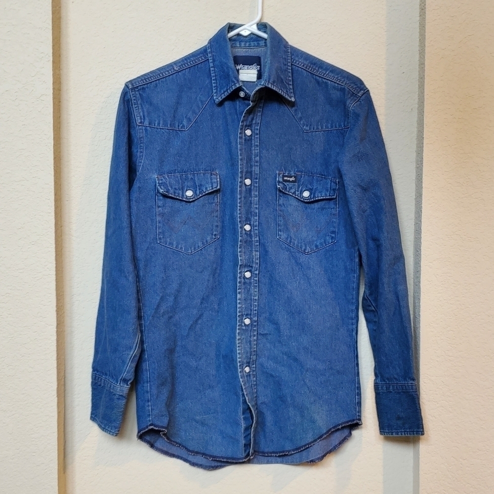 Wrangler Western Denim Pearl Snap Shirt Chest Pockets Cotton Men's 14 1/2 x 33